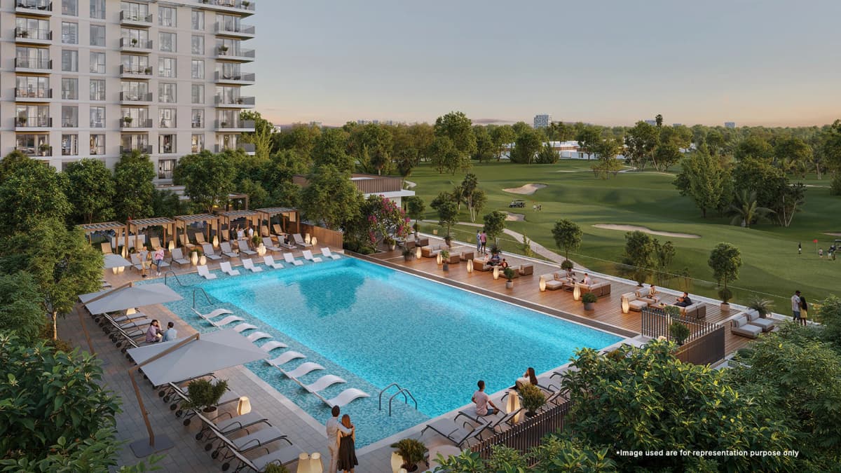 A luxurious swimming hub at Golf Point, Emaar South, offering elegance and serene views of golf court