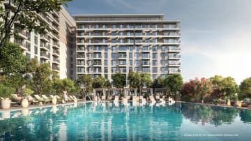 Scenic view of Golf Point at Emaar South, overlooking a lush golf course with basket ball terminals and swimming zone