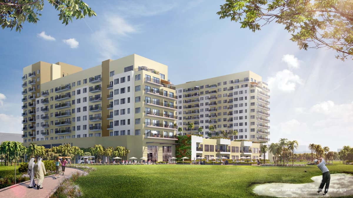 Modern apartments at Emaar Golf Views at Emaar South, overlooking lush golf greens in a vibrant Dubai community.