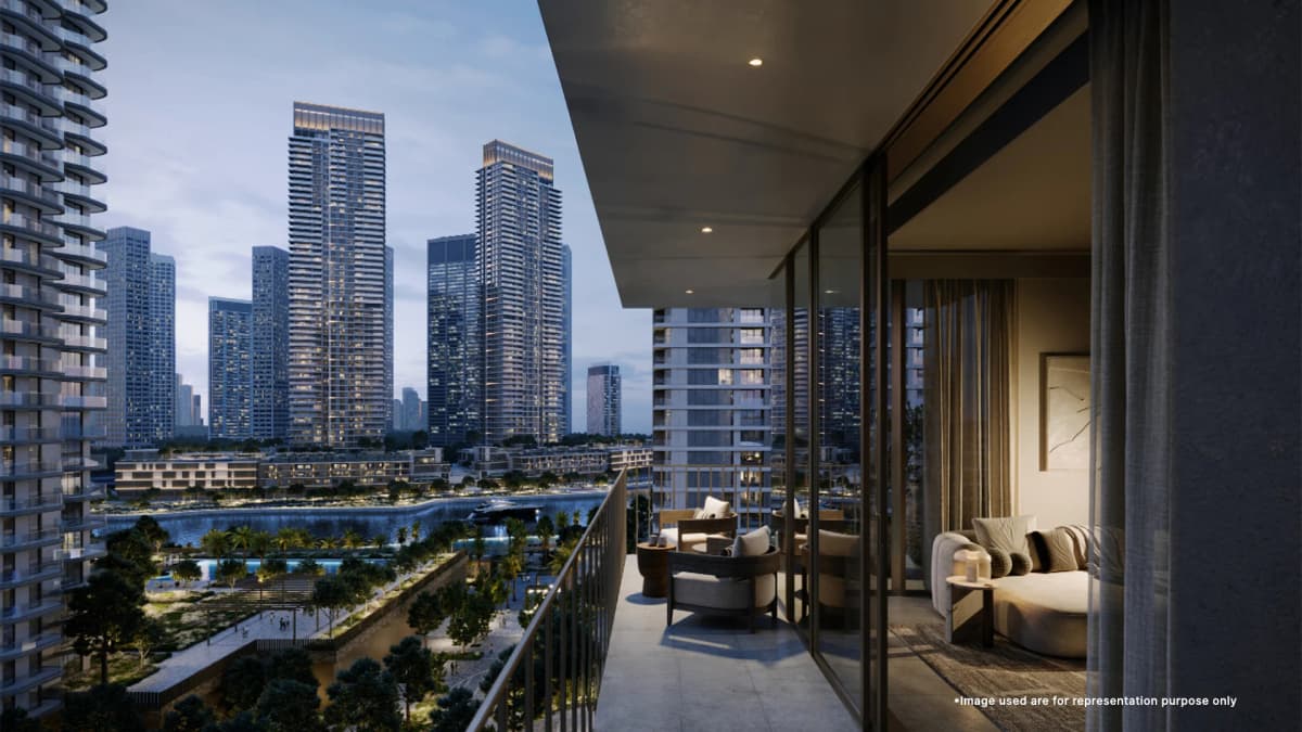 Charming Emaar Valo at Dubai Creek Harbour private balcony with stunning views, perfect for relaxation and outdoor living