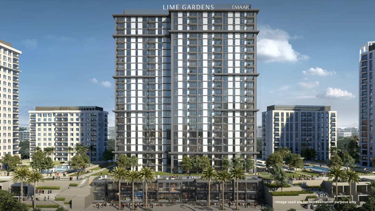 Front view of Emaar Lime Gardens at Dubai Hills Estate showcasing modern architecture and lush greenery.