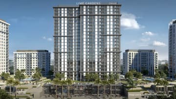 Front view of Emaar Lime Gardens at Dubai Hills Estate showcasing modern architecture and lush greenery.