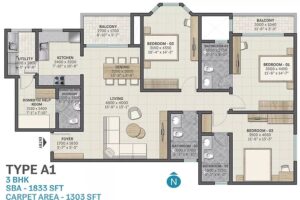 Sobha-Victoria-Park-Type-A-3BHK-Floor-Plan