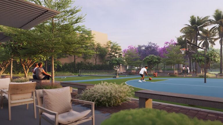 Rivera UNO Row Villa in Whitefield Bangalore Half Basket Ball Court & Pickle ball Court sitting area