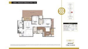 Ebony at Brigade Orchards Apartment in Devanahalli, Bangalore Floor plan 3 BHK + Private Terrace (Type - C3)