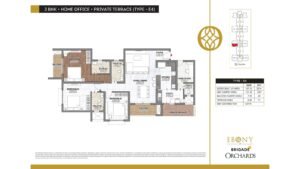 Ebony at Brigade Orchards Apartment in Devanahalli, Bangalore floor plan 3bhk + home office + private terrace (type -E4)
