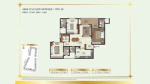 Brigade Eternia Apartment in Yelahanka, Bangalore Floor Plan 3BHK 3T + Study+ Powder - Type 3X
