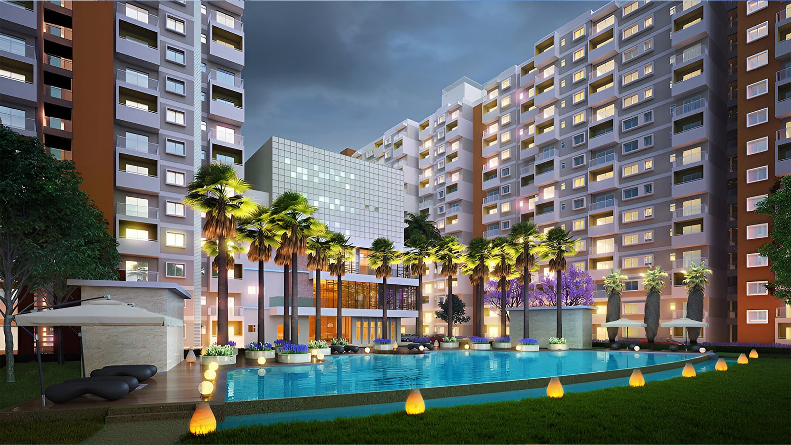 Sattva Park Cubix Apartment in North Bangalore Swimming Pool Night View