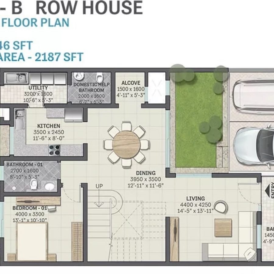 Sobha-Victoria-Park-3bhk-Row-House-Ground-Floor-Plan